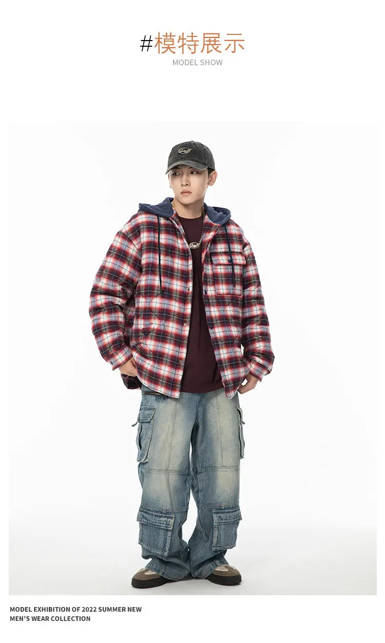 Winter Quilted Thick Plaid Hooded Jacket Men Wmen Streetwear Fashion Oversize Loose Casual Hoody Jacket Padded-cotton Parka Coat