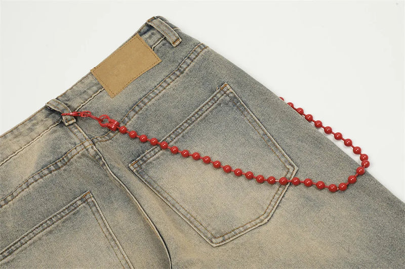 red chain pendant washed vintage jeans men women streetwear fashion hip hop loose casual wide leg denim jeans pants trousers unique jeans style 1475
