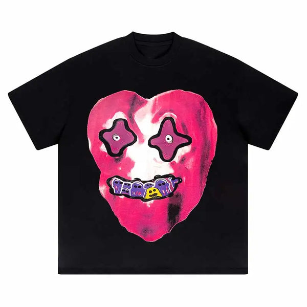 Gothic Streetwear – Men Hip Hop Washed T Shirt Streetwear Funny Heart Monster Pr – Urban Streetwear for Men & Women