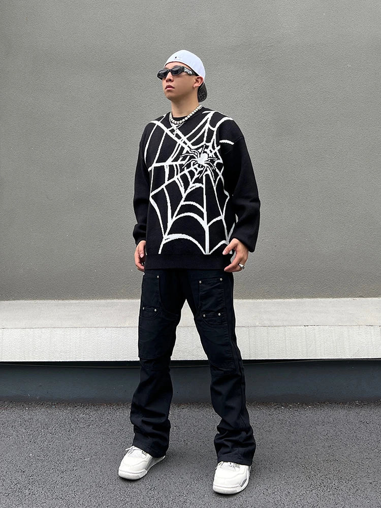 hip hop harajuku spider web pattern knitted sweater unisex pullover streetwear winter casual loose sweater warm jumper knitwear - unisex casual winter pullover, Y2K grunge street style, graphic printed hoodie for men and women