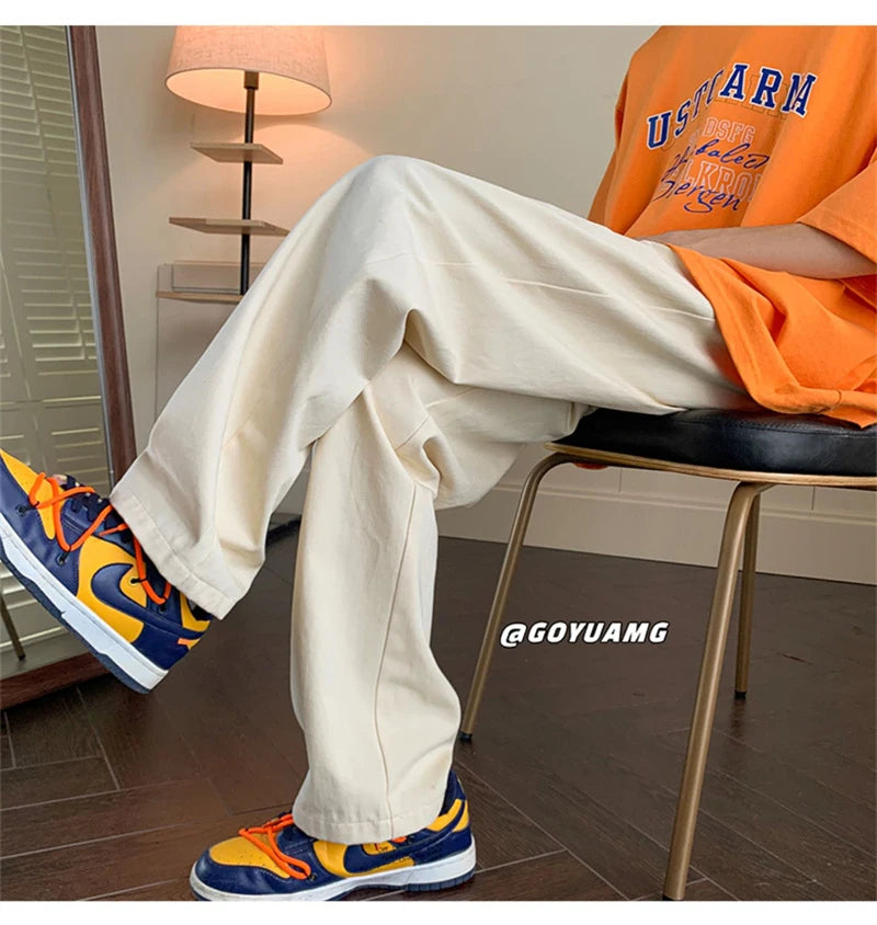 summer casual y2k streetwear straight pants men breathable korean fashion drape trousers solid color wide leg baggy sweatpants unique joggers style 3409