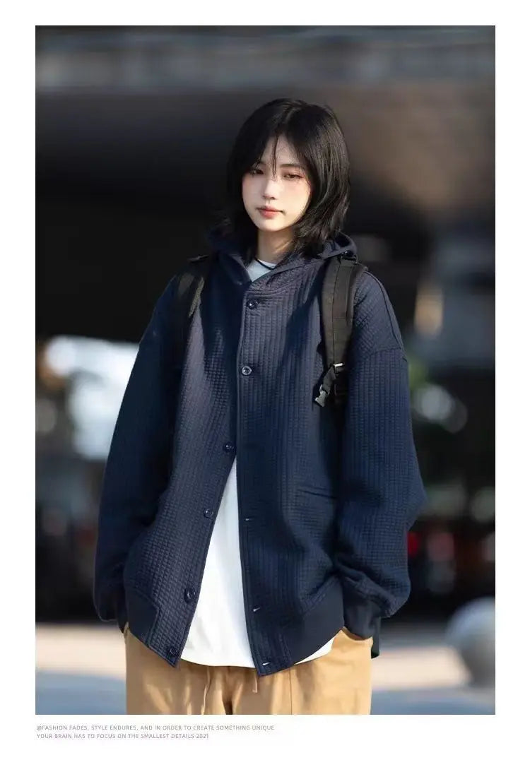 Korean Retro Y2K Waffle Hooded Jacket for Men and Women Ins Harajuku Style Casual Loose Couple Wear Cardigan Sweatshirt
