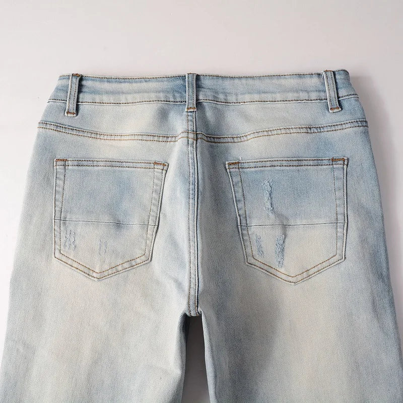 american style high street light blue ripped jeans mens pic slim fit stretch ripped skinny pants unique jeans style 1985