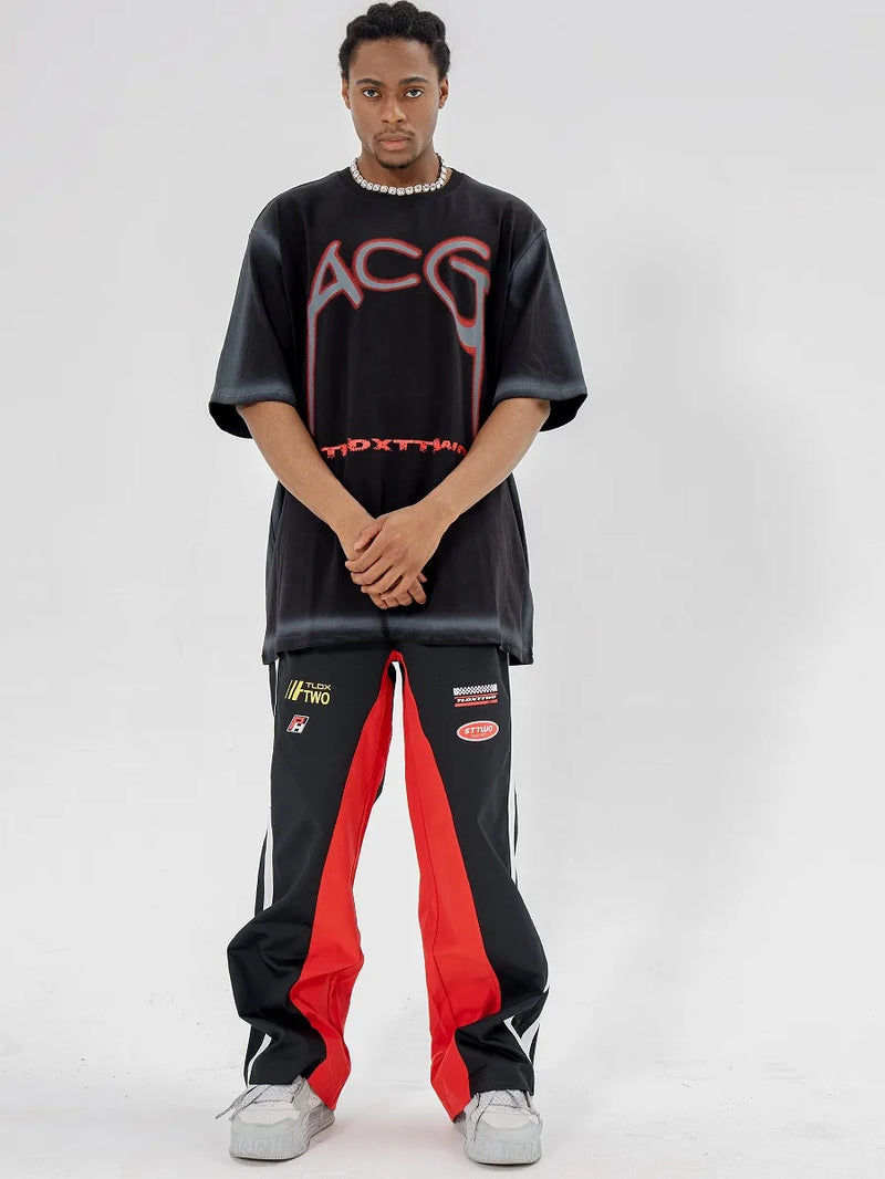 high street side striped spliced straight pants unisex elastic waist streetwear casual racing biker sportwear pants joggers men unique joggers style 4009