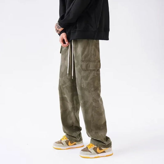 army green hip hop cargo pants for men camouflage loose american street overalls multi pocket drawstring straight trousers baggy cargo bottoms