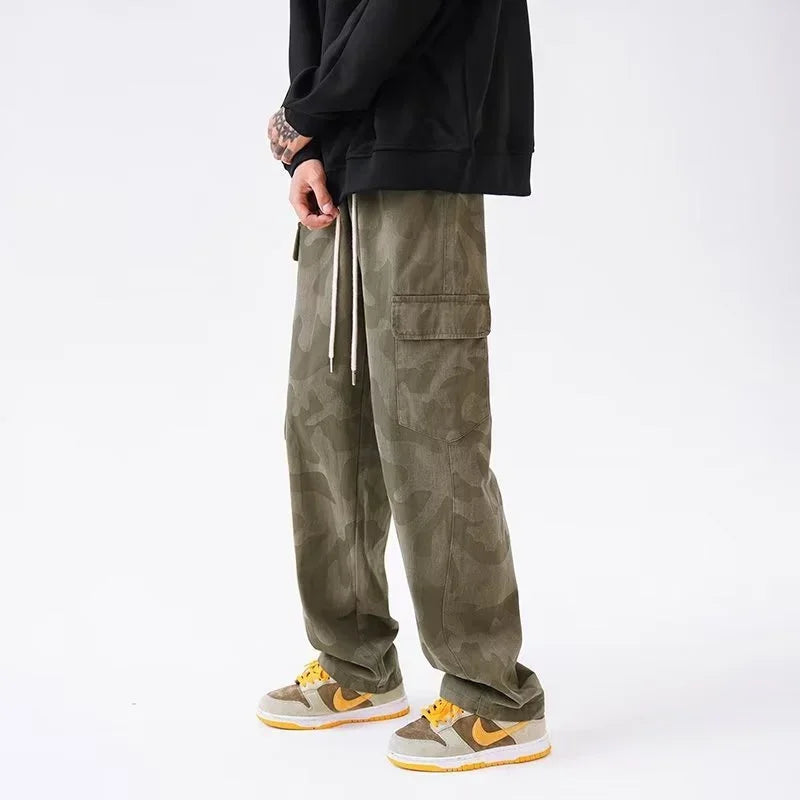 army green hip hop cargo pants for men camouflage loose american street overalls multi pocket drawstring straight trousers baggy cargo bottoms