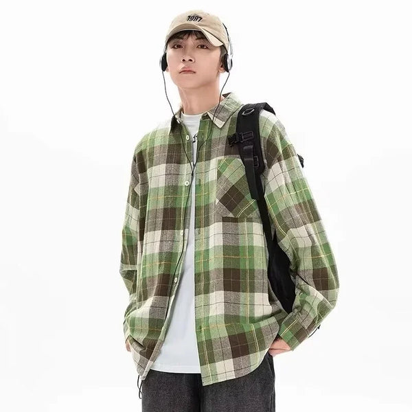 Layered Techwear Shirt Jacket – Autumn Mens Social Plaid Shirts 2024 New Y2K Streetwear Long Sleeve T Shirts Retro Aesthetic Loose Casual Shirt Hombre Camisa | Button Shirt Drop #755