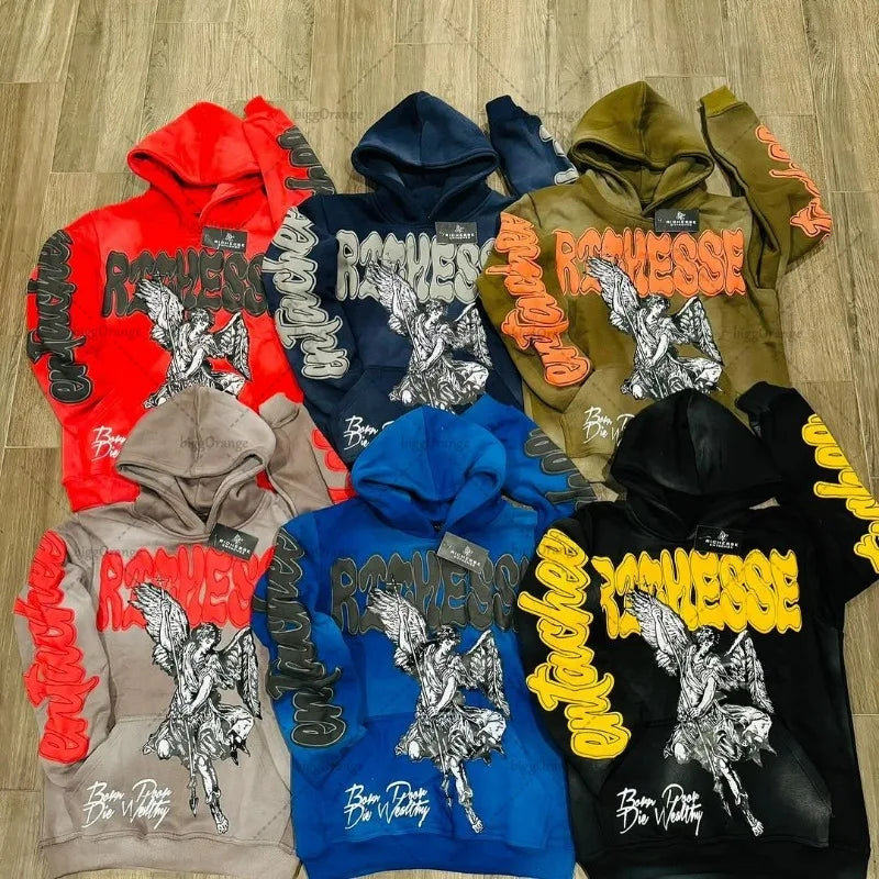 Retro Rock Punk Style Oversized Sweatshirt American Harajuku Colorful Letter Print Graphic Hoodie Men