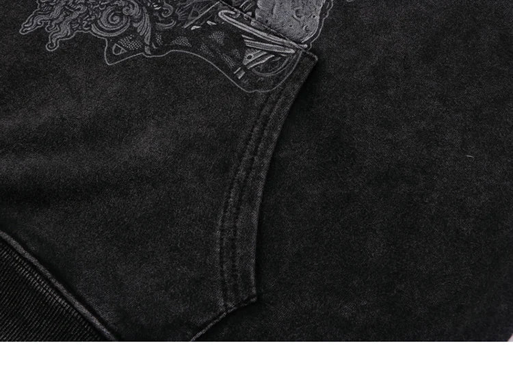 Hip Hop Streetwear Hoodie Sweatshirt Washed Vintage Devil Skull Skelet