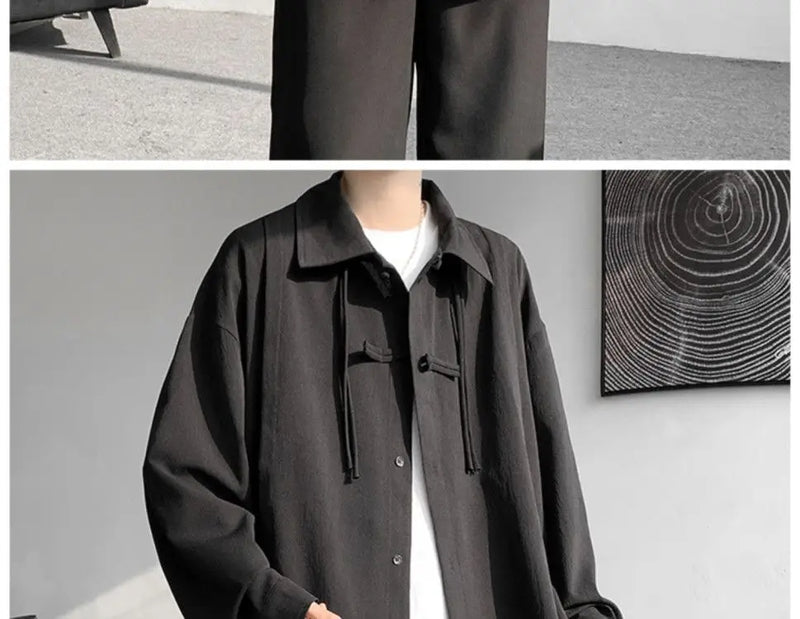Shirts for men spring and autumn style national fashion design loose and versatile large size outer wear lapel long sleeved tops