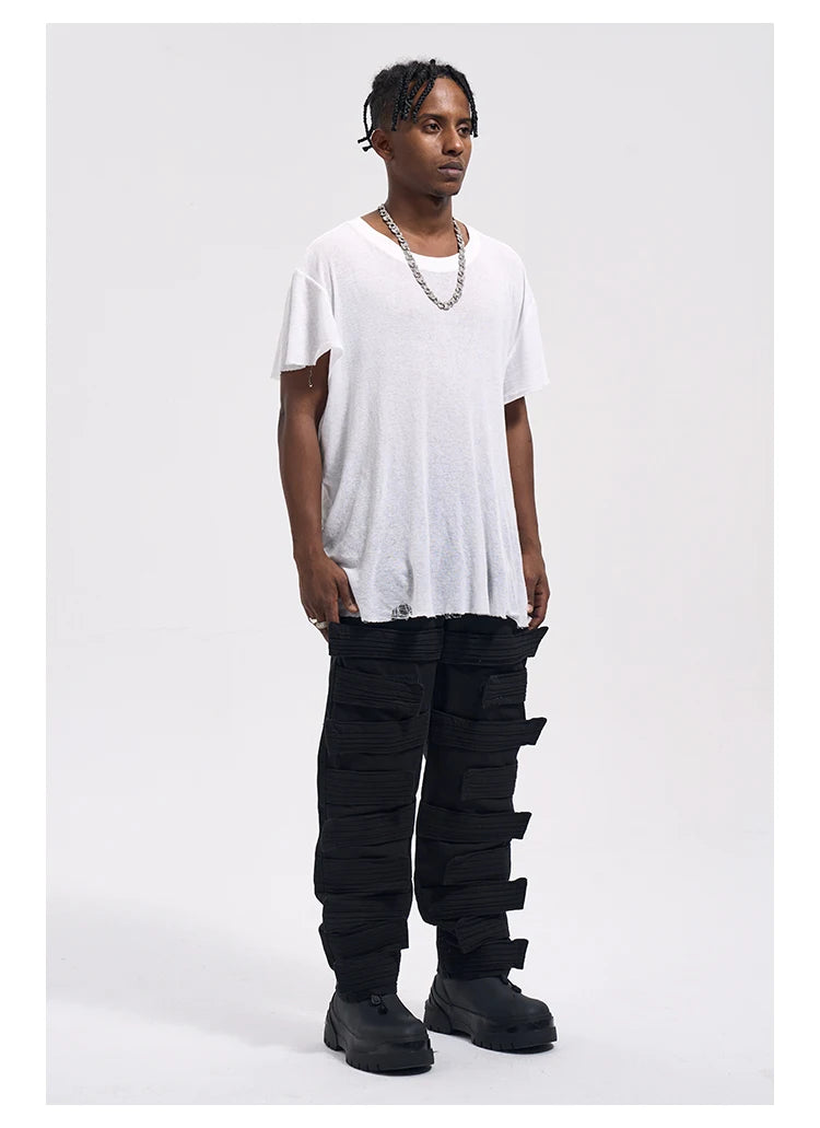 fashion velcros denim jean pants streetwear mens new casual hip hop streetwear tactical straight trousers joggers men y2k pants unique joggers style 3683