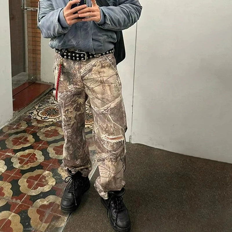 streetwear trees print camouflage baggy jeans for men and women patchwork washed casual denim trouses oversized loose cargos multi-pocket cargos