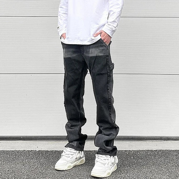 patchwork design denim flare jeans pants men casual zipper straight biker trousers jeans fashion streetwear hip hop jean joggers unique joggers style 2602