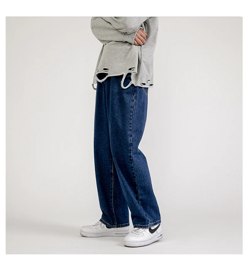 korean fashion mens baggy jeans classic all match solid color straight leg denim wide leg pants male light blue grey black unique jeans style 1142