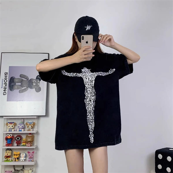 Vintage HS Brand Fashion Brain Cross Print Casual High-Street Hip-Pop Cotton Short Sleeve Tops T-Shirt For Summer