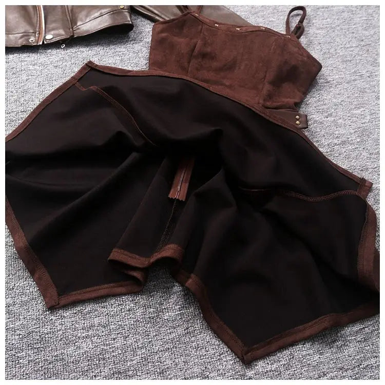 Retro hot girl camisole irregular big swing skirt short leather jacket coffee color set two piece sets womens outifits dress