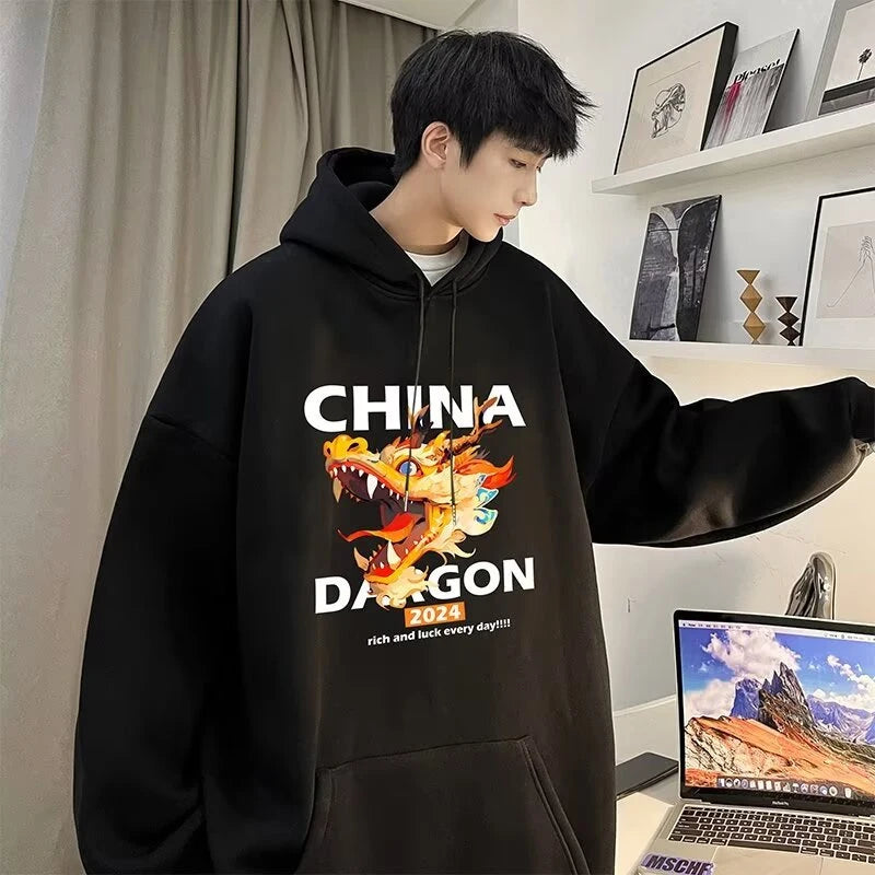 2024 New China Dragon Graphic Hoodies Men Hip Hop Streetwear Hoodie