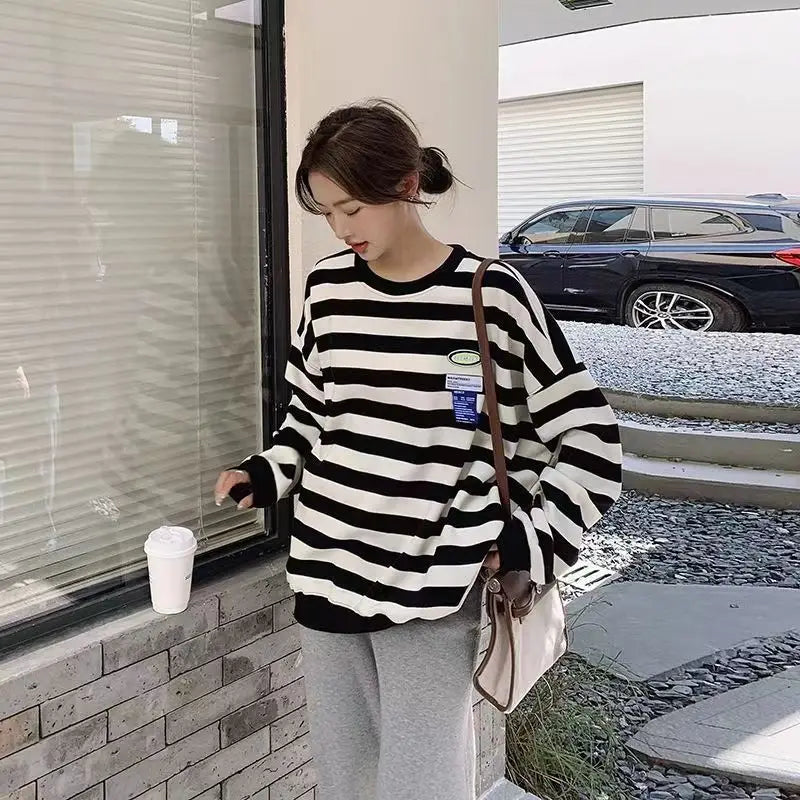 Original Korean New Style Loose Striped Sweatshirt American Harajuku C