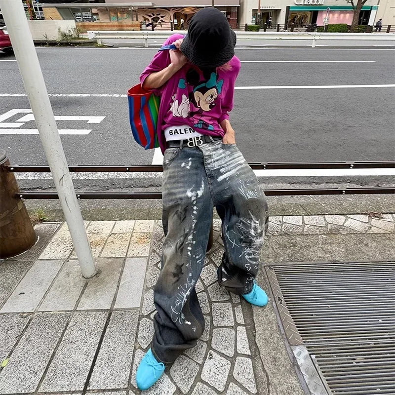 graffiti handdrawn damaged wash baggy jeans for men and women straight streetwear y2k denim trousers pantalones hombre cargos unique cargo style 1308