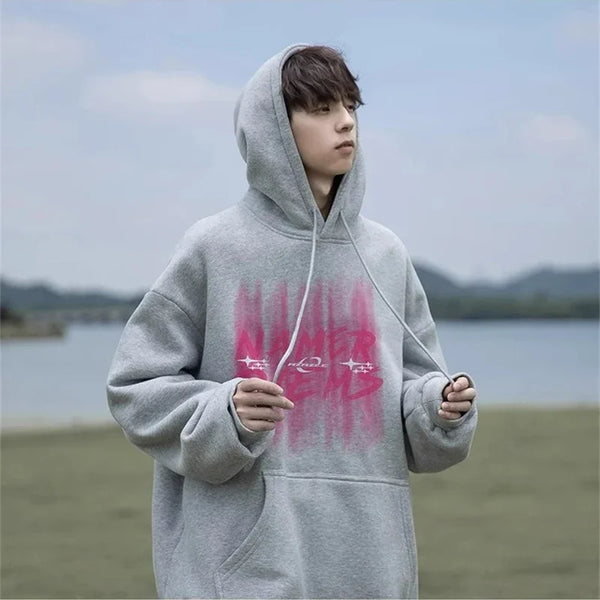 2024 New Graffiti Letter Print Hooded Fleece Sweatshirt For Men Loose