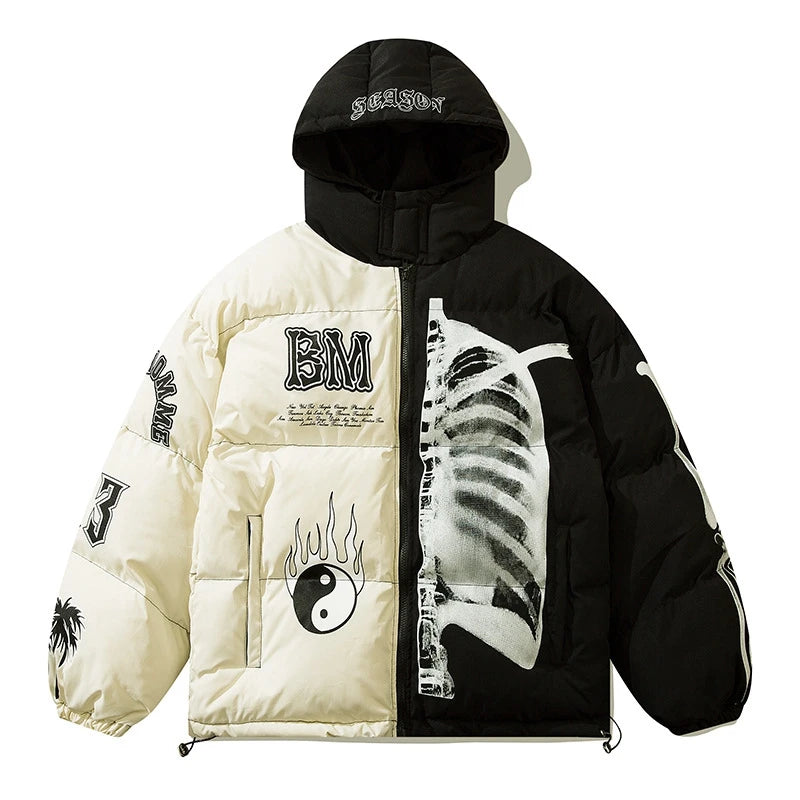 rainbowtouches mens winter parka jacket skeleton print streetwear outwear harajuku padded hooded loose warm coat unisex red f - variant style 7c9b05 for streetwear fashion
