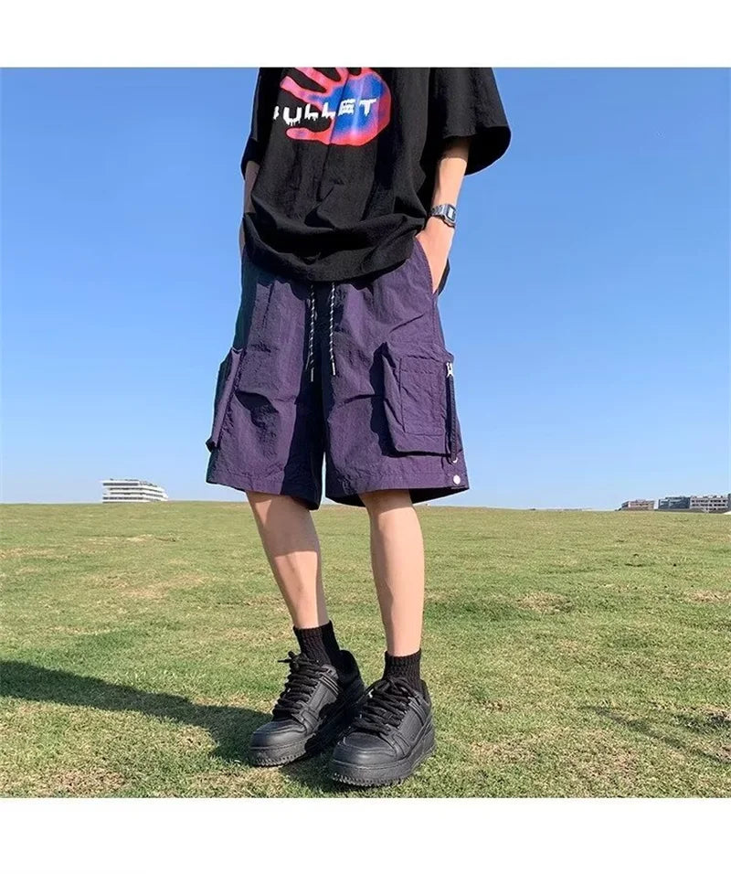 summer casual purple cargo shorts men high street drawstring pocket baggy short sweatpants y2k hip hop bermudas homme shorts unique joggers style 173