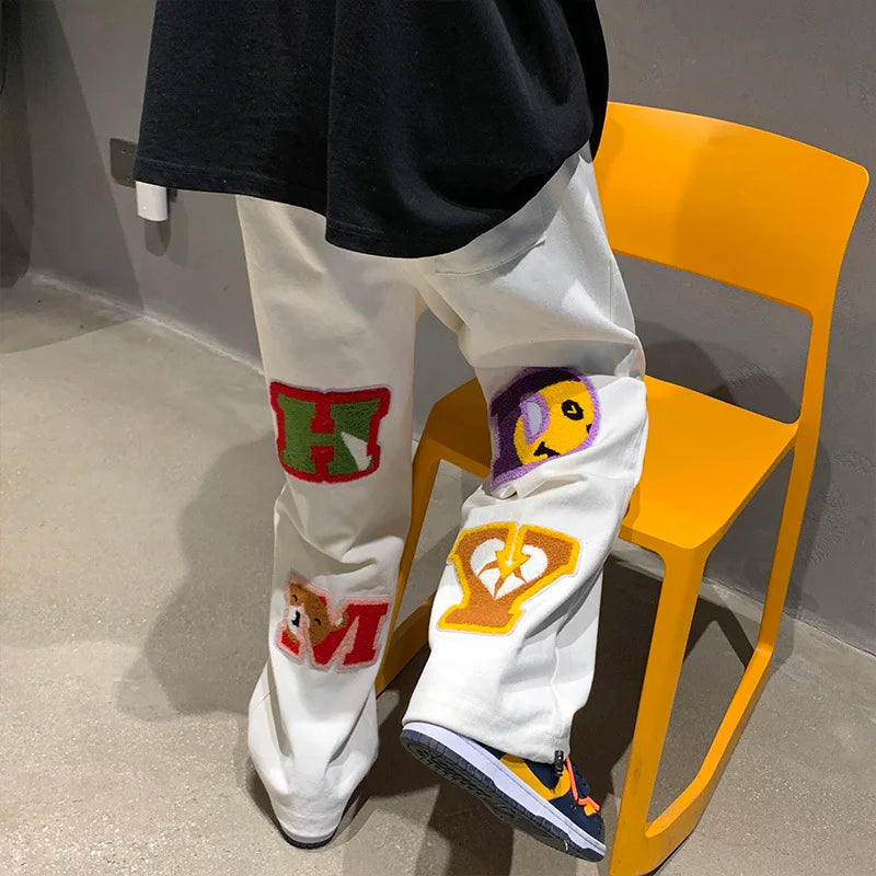 preppy style letter embroidery straight men baggy tracksuit pants y2k clothes sweatpants male drawstring casual long trousers unique joggers style 1084