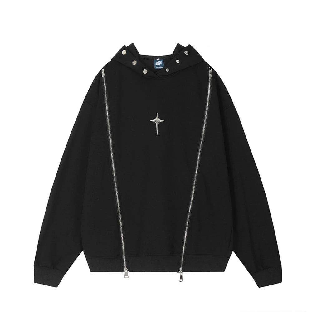 Hip Hop Punk Hoodie Sweatshirt 2023 Autumn Zipper Design Solid Color H