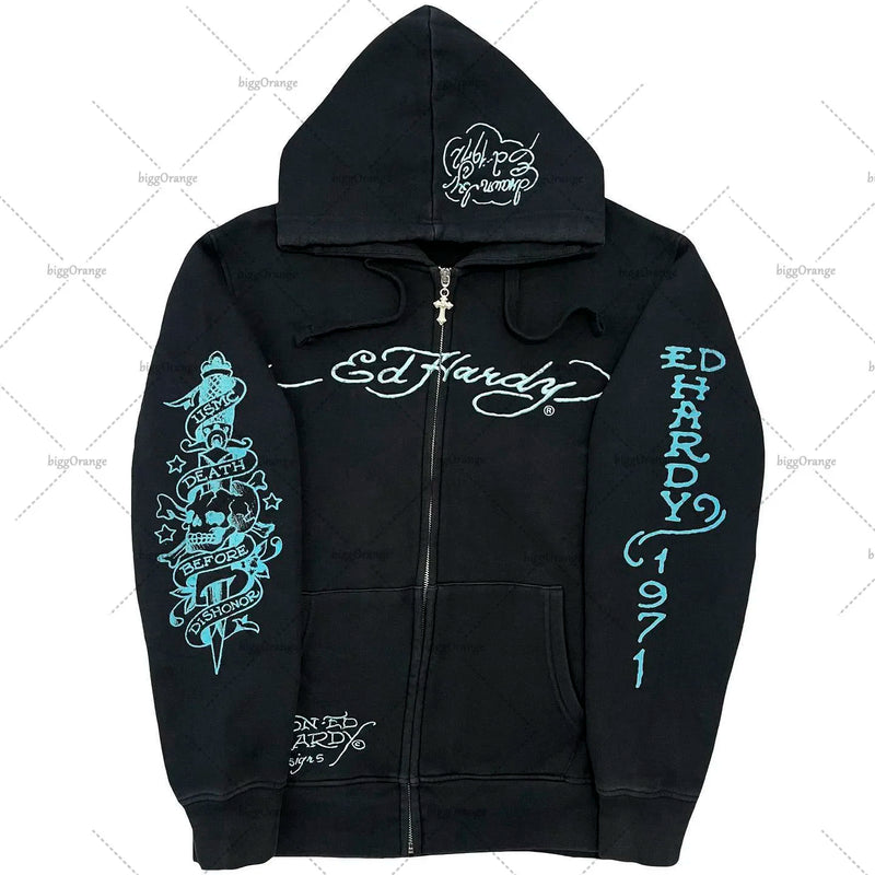 American Fashion Trend Pattern Print Zipper Hoodie Women Y2K New Stree