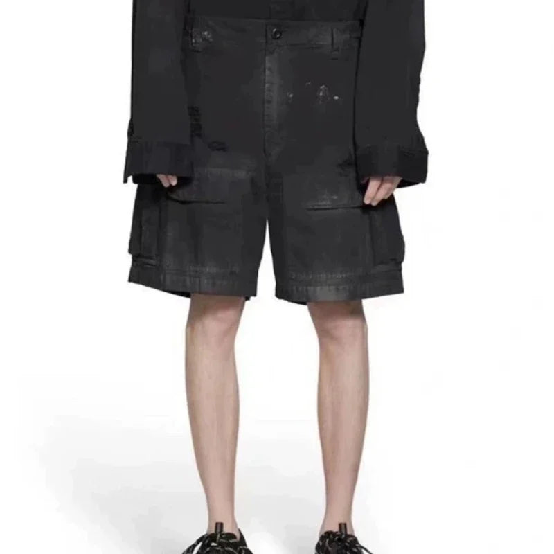 vintage ripped damaged black cargo shorts for men high street wide leg baggy overalls distressed summer knee length pants unique cargo style 139
