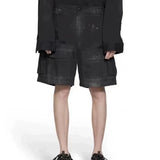 vintage ripped damaged black cargo shorts for men high street wide leg baggy overalls distressed summer knee length pants unique cargo style 139