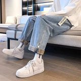2024 new plaid trouser legs jeans for men casual baggy straight denim pants korean fashion y2k streetwear pantalones hombre jean urban skinny jeans