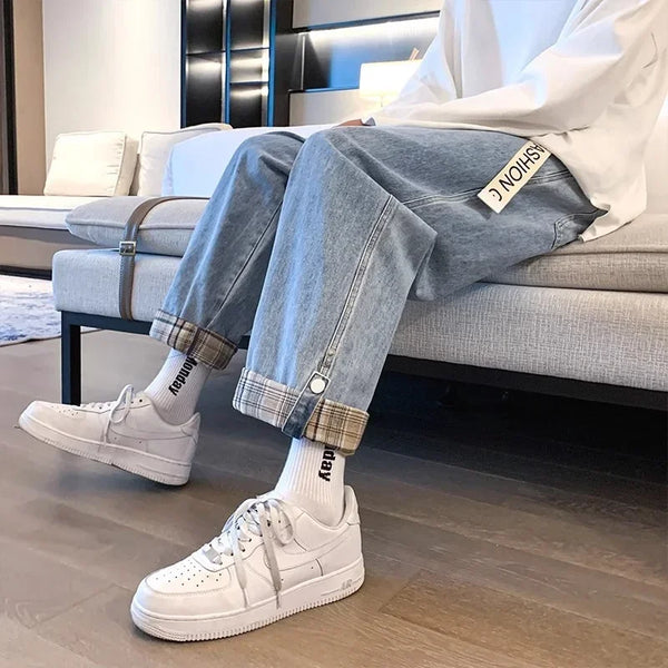 2024 new plaid trouser legs jeans for men casual baggy straight denim pants korean fashion y2k streetwear pantalones hombre jean urban skinny jeans