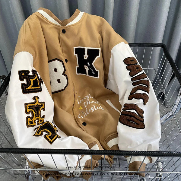 retro baseball bomber, cold season style, for men, fall streetwear outfit, oversized style, layered fashion, modern aesthetic