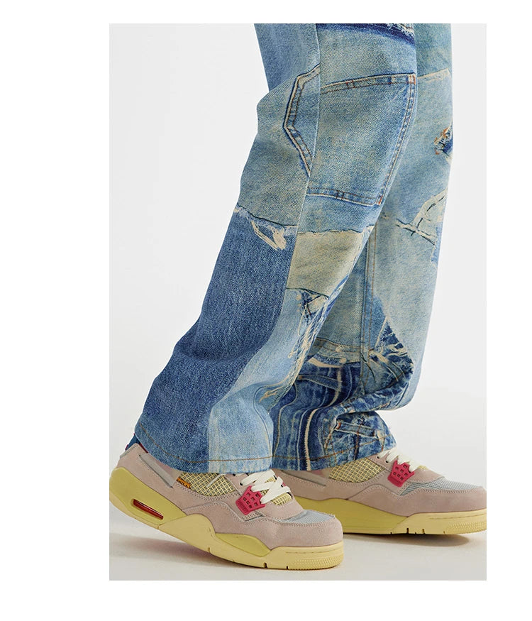 fashion fake patchwork printed denim jeans mens new casual zipper straight loose jeans streetwear hip hop baggy pants joggers unique joggers style 2426