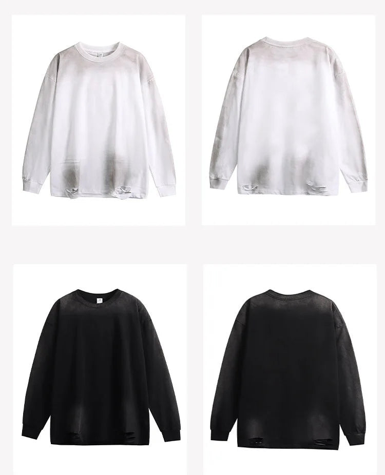 Vaporwave Barcode glitch – Mens Streetwear Hole Washed Cotton Long Sleeve Loose Casual