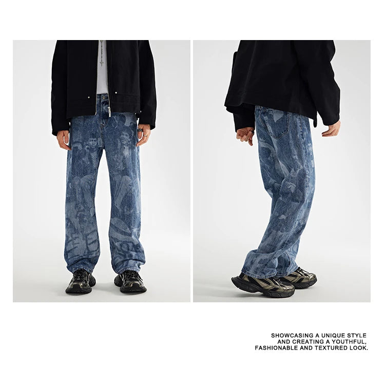 designer human printed denim jeans mens new casual zipper straight hip hop jeans streetwear baggy pants joggers graphic jeans unique joggers style 673