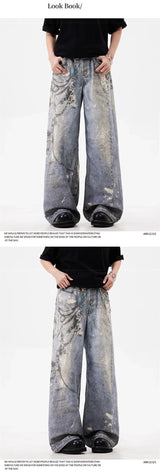 new 3d chain printed baggy jeans for men and women casual baggy straight denim pants high street wide leg y2k blue jean unique jeans style 438
