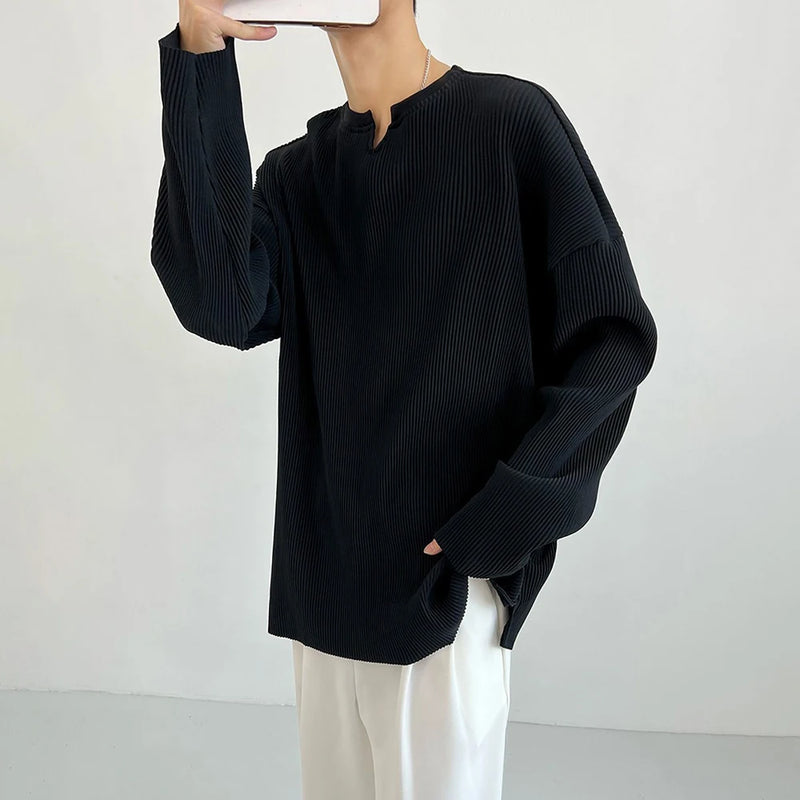 Y2k Graphic tee – Mens V Neck Pleated Long Sleeved T Shirt Autumn Trend Loose