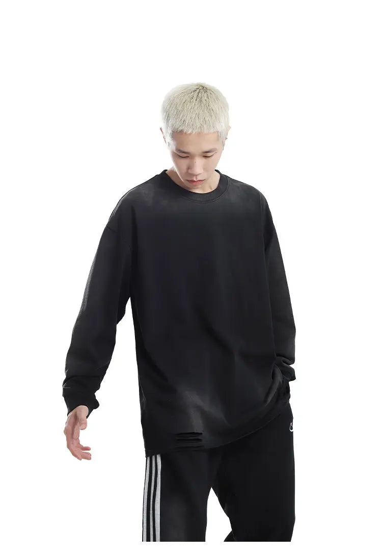 Vaporwave Barcode glitch – Mens Streetwear Hole Washed Cotton Long Sleeve Loose Casual
