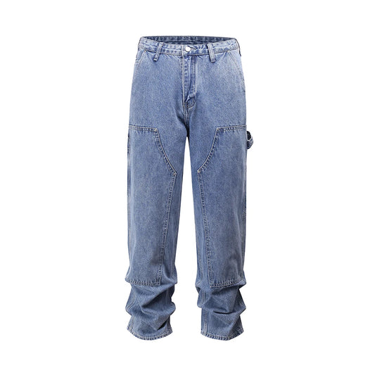2024 new fashion blue pockets jeans for men and women streetwear casual cargo pants washed solid color denim trousers oversized combat utility trousers