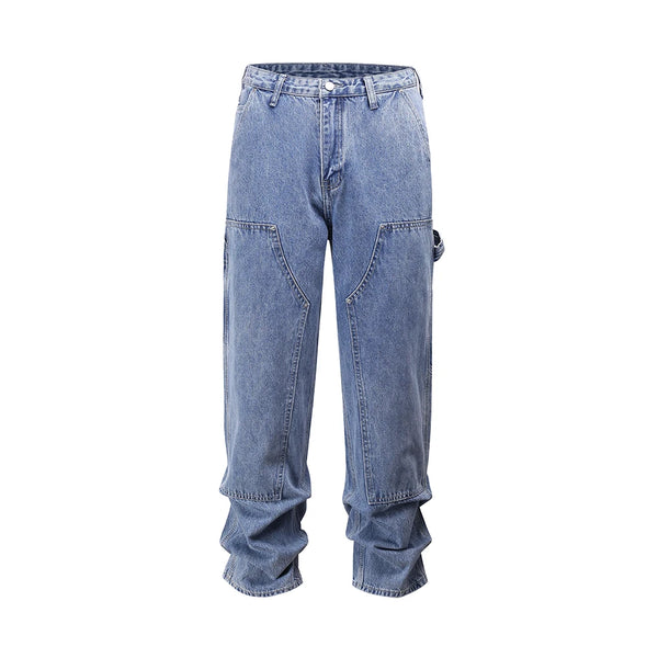 2024 new fashion blue pockets jeans for men and women streetwear casual cargo pants washed solid color denim trousers oversized combat utility trousers