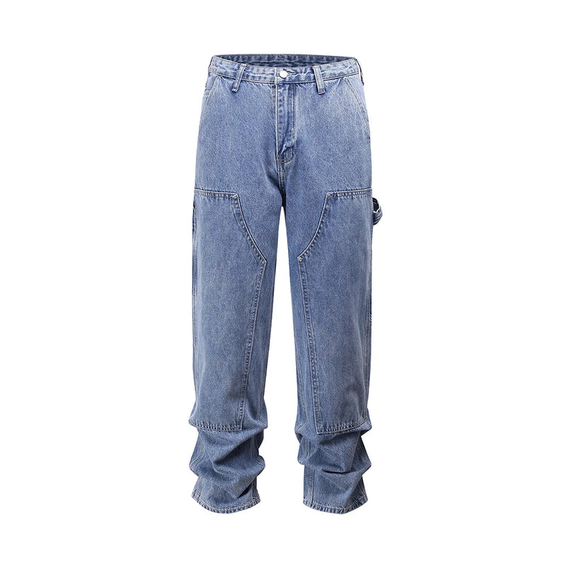 2024 new fashion blue pockets jeans for men and women streetwear casual cargo pants washed solid color denim trousers oversized combat utility trousers