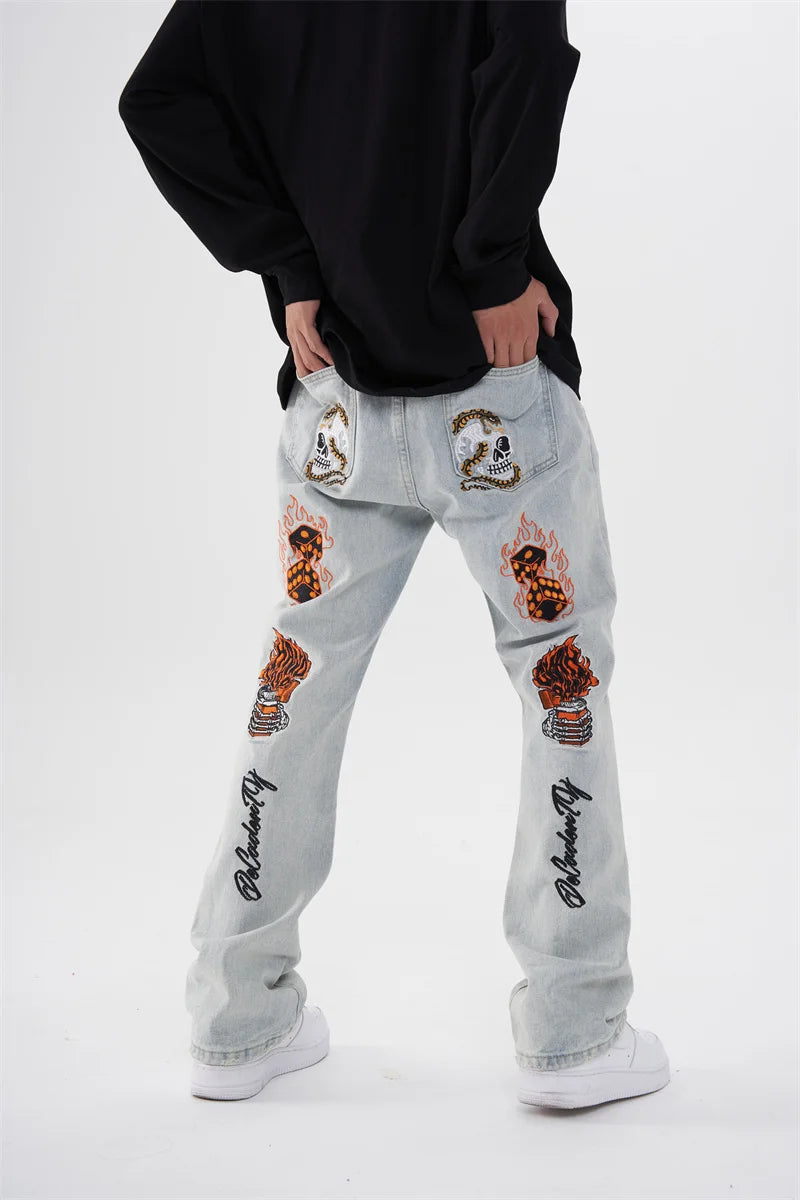 fashion back skull letters embroidery denim flare jeans mens zipper straight trouser hip hop streetwear pants joggers jeans men unique joggers style 629