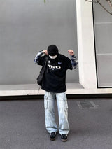 street japanese mens set embroidered fake two piece patchwork tops hip hop washed jeans 2 piece harajuku suits y2k streetwear unique jeans style 4760