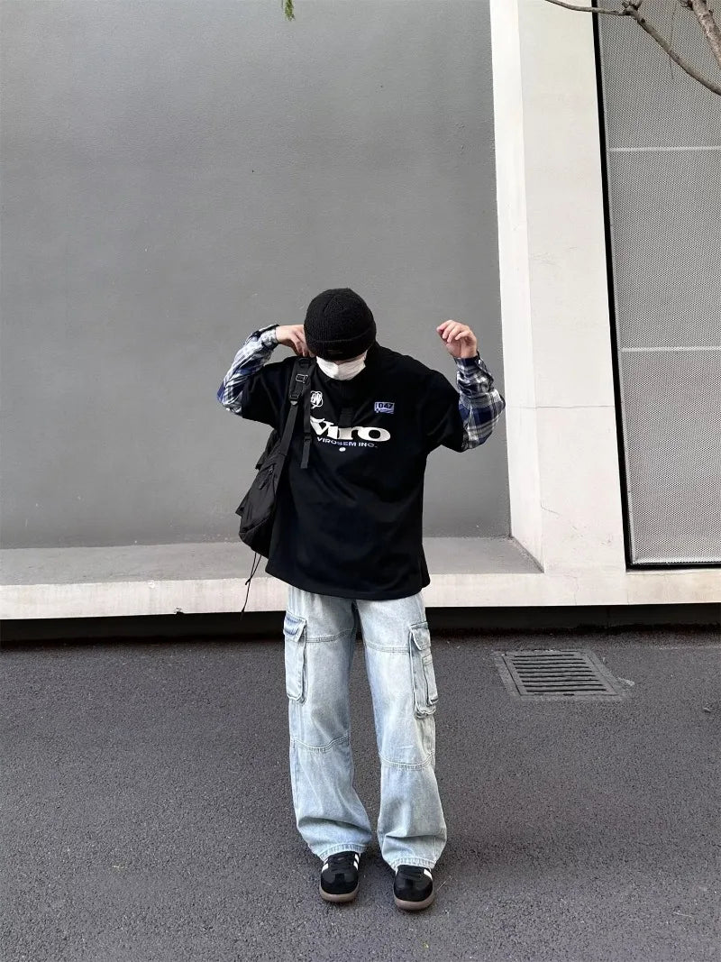 street japanese mens set embroidered fake two piece patchwork tops hip hop washed jeans 2 piece harajuku suits y2k streetwear unique jeans style 4760