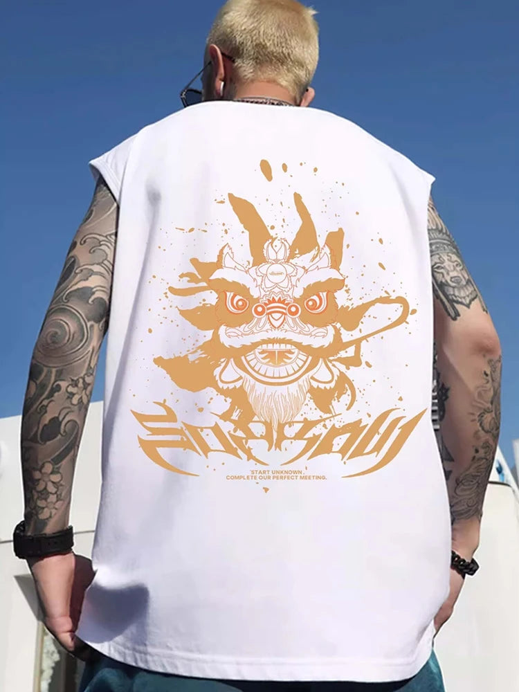 Gothic Oversized shirt – Summer Anime Lion Dance Printed Sleeveless T Shirt Men Overs
