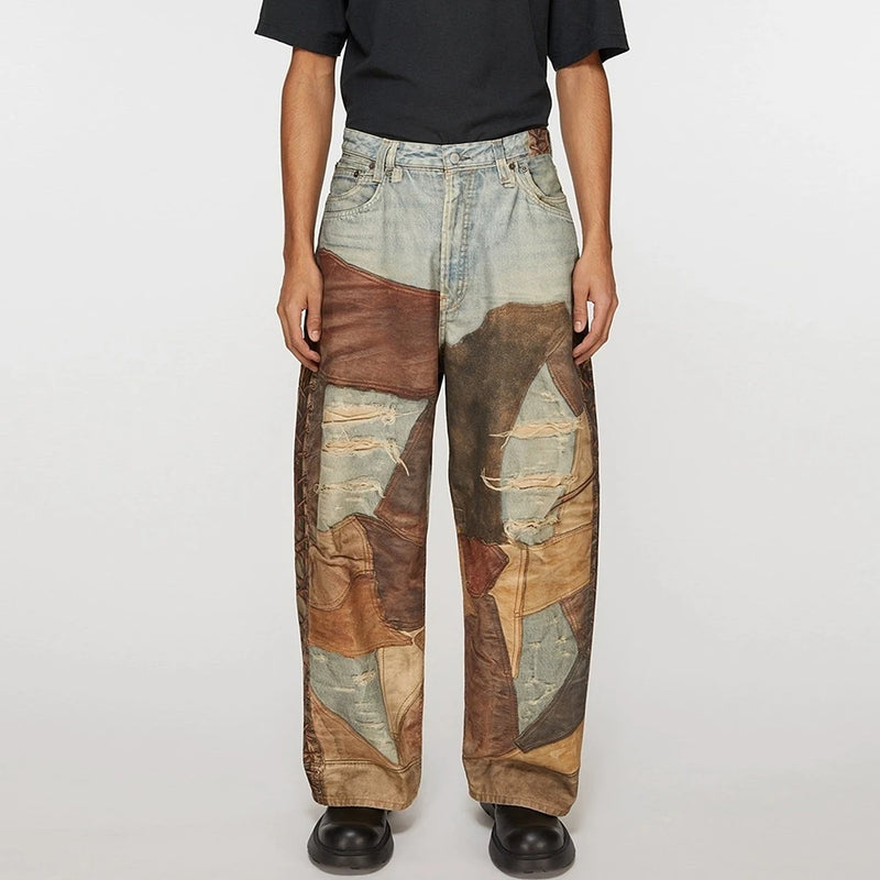 new autumn frayed patchwork baggy jeans pants for men and women straight ripped casual denim trousers oversized loose cargos combat utility trousers