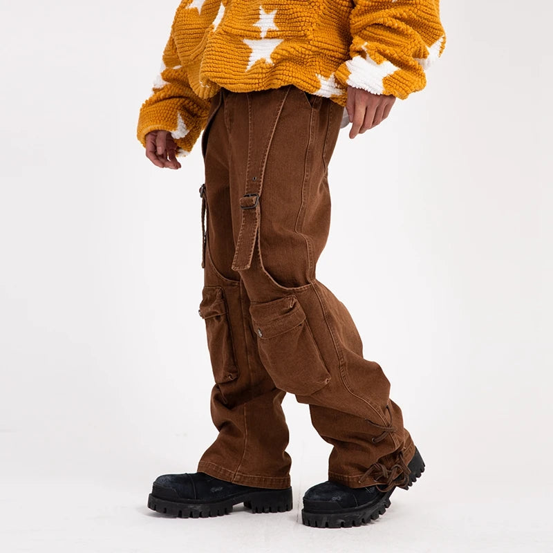 2023 cool design bandage pockets vintage brown baggy men cargo jeans pants y2k hip hop women cotton long trousers pantaloni uomo unique cargo style 1858