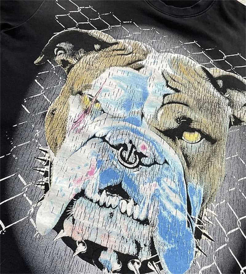 24SS HS Brand Fashion Beware Of Dog Tee High-Street Retro Washed Print Cotton Short Sleeve Tops T-Shirt